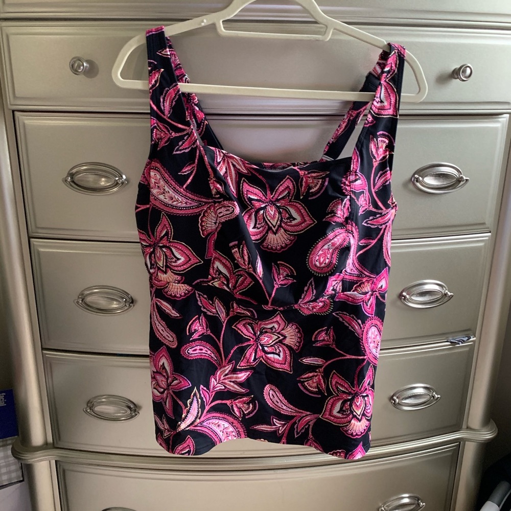 Lands' End Black & Pink Floral Tankini Top